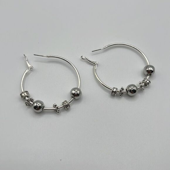 Silver-tone Shiny 6 Beads 2” Hoop Earrings - Picture 8 of 13
